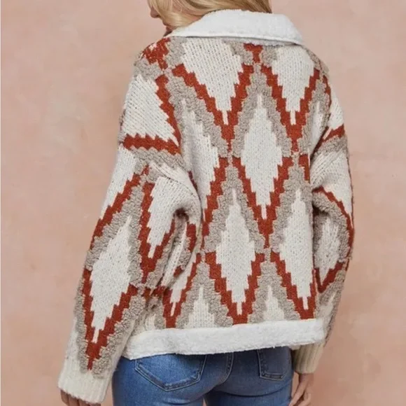 #48 Orange cream Tribal Aztec Bohemian fluffy pocket button teddy shacket coat - Picture 3 of 7